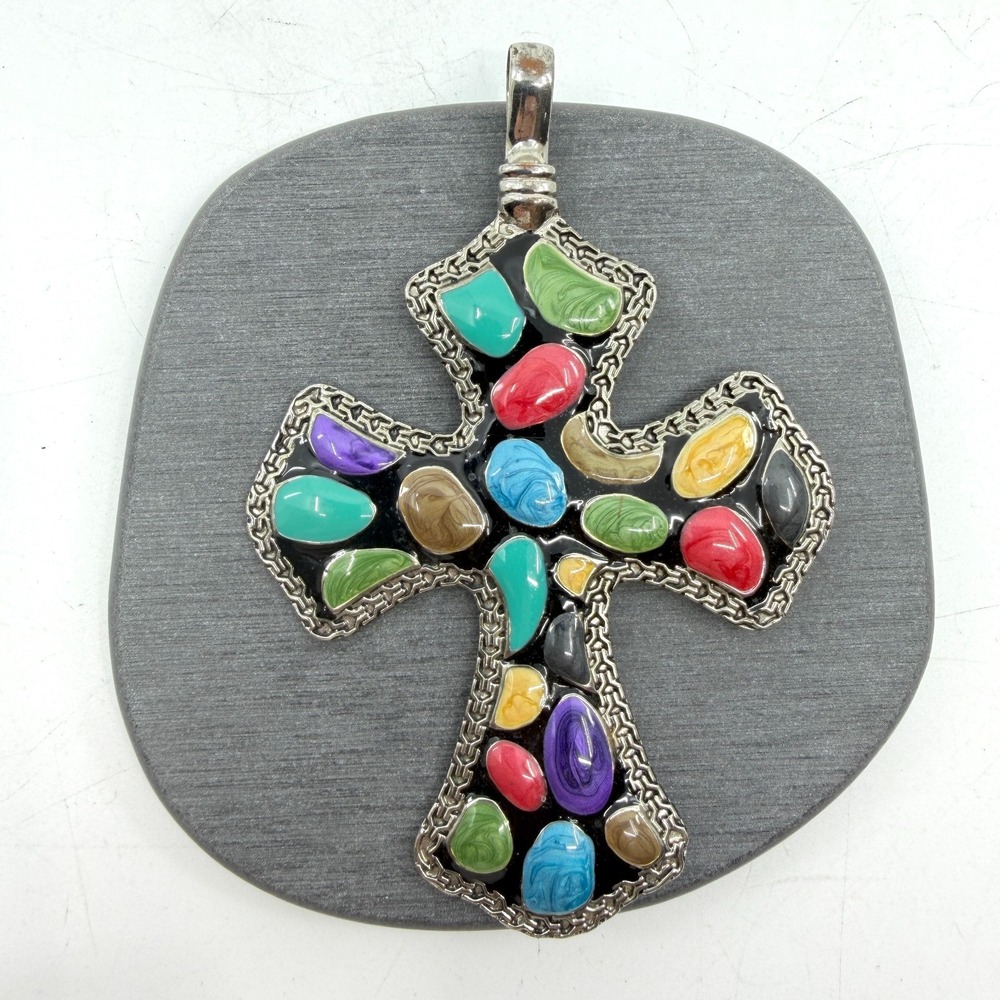 Multicolor Cabochon Cross Pendant Silver Tone Black Enamel Boho Statement Gift